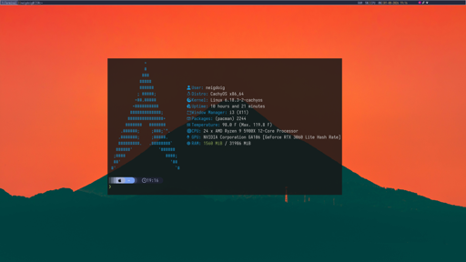 Background of a mountain sunset or sunrise in Kagoshima, Japan, with Alacritty Terminal with Archey 4 information about the machine, and Starship. It belongs to Neigsendoig Cocules (neigdoig). Polybar at the top, with the photo taken using Flameshot.