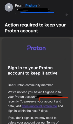 Screenshot of scammy Proton email received 