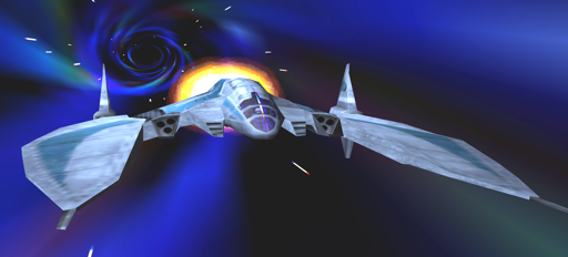 Screenshot from the game where a white with blue decals space fighter is going through a wormwhole.